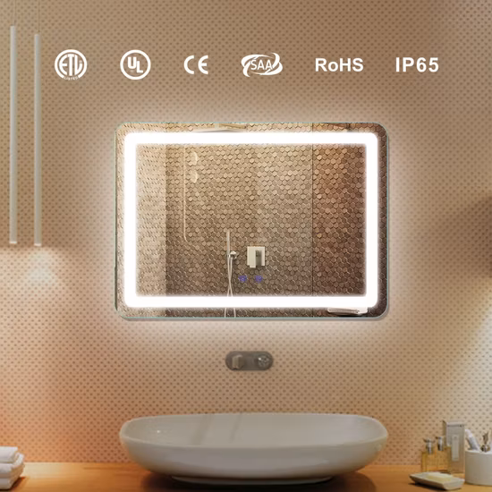 Espejo de cristal montado en la pared decorativo de los muebles de la vanidad de los muebles de la vanidad del cuarto de baño al por mayor elegante retroiluminado LED